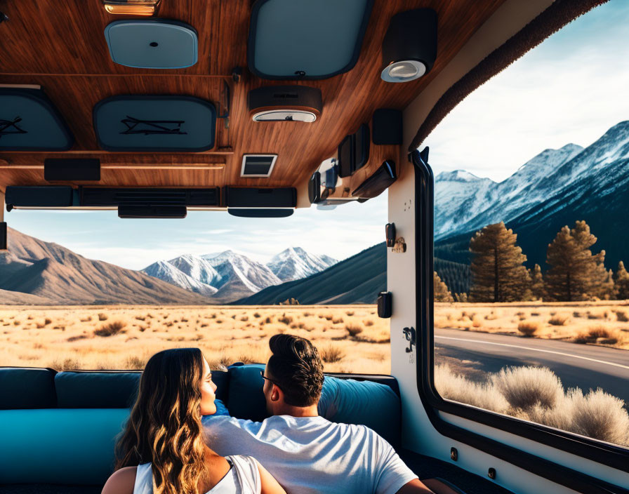 Couple admiring mountain and meadow view from camper van