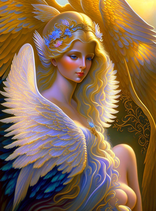 Angel with Gold and White Wings and Intricate Jewelry