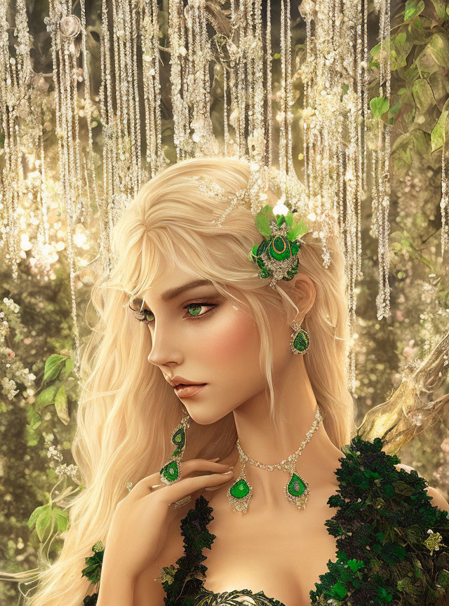 Blonde Woman with Green Jeweled Tiara and Chandeliers