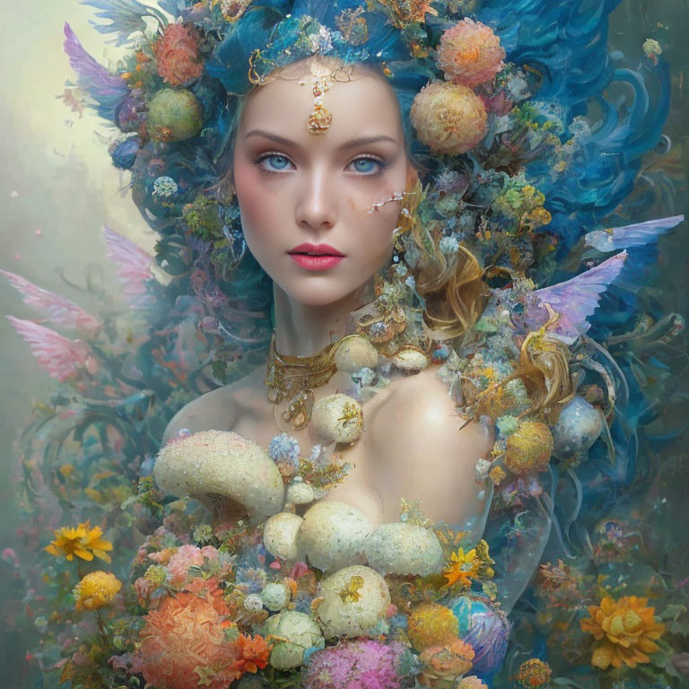 Portrait of a woman with blue and golden flower hair, jewelry, and butterfly wings