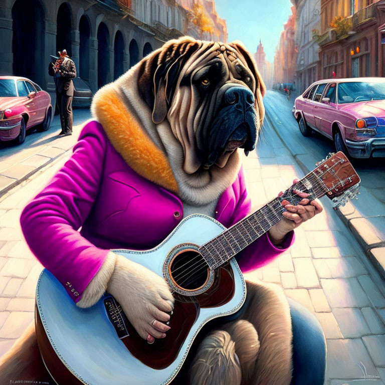 Surreal artwork: Large dog with human-like hands playing guitar in city street