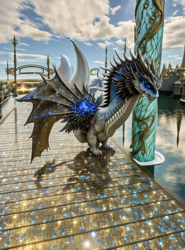 Blue and White Dragon on Golden Platform with Starry Wings