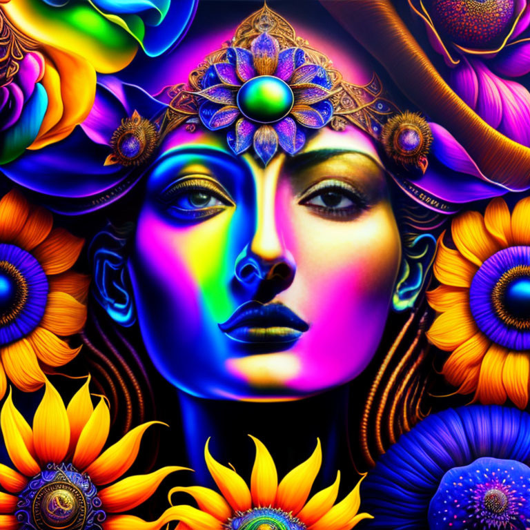 Colorful Psychedelic Portrait of Woman Surrounded by Floral Patterns