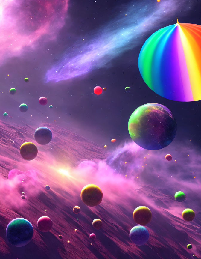 Colorful umbrella amidst vibrant cosmic scene with planets in purple-pink space.