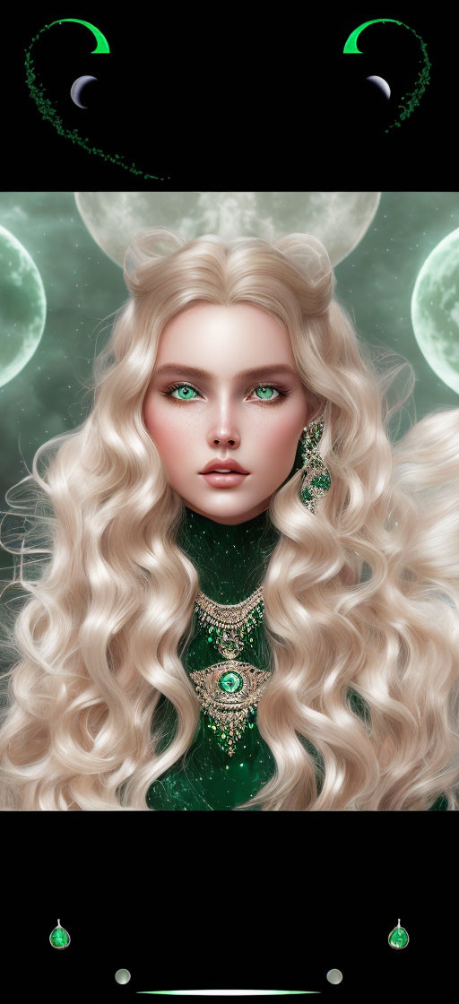 Fantasy portrait of woman with voluminous blonde hair and green eyes, adorned with ornate green jewelry