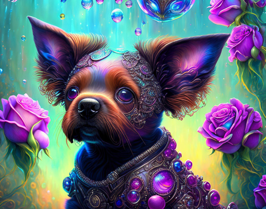 Illustration of a dog with large jeweled ears among purple roses and bubbles on teal background