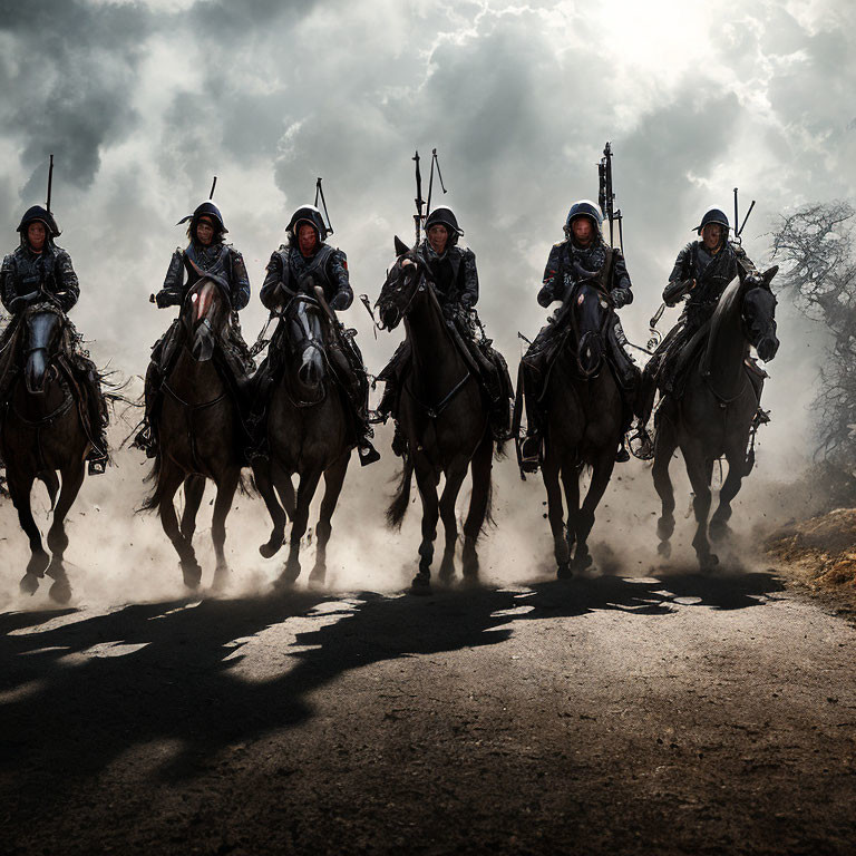 Five Riders on Horseback Charging Forward with Raised Weapons in Dramatic Scene