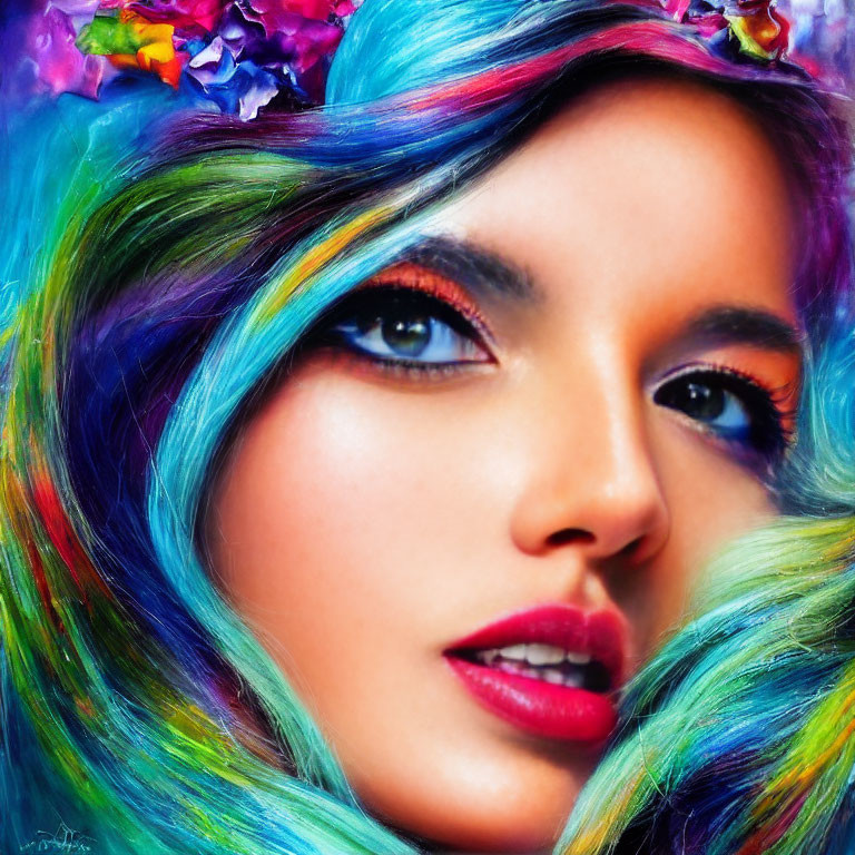 Vibrant multi-colored hair and makeup on woman against colorful background