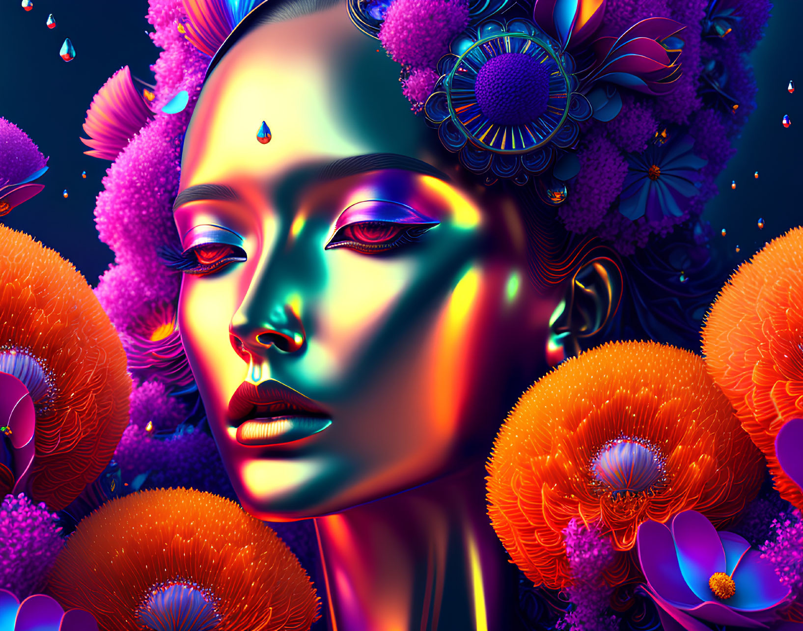 Colorful digital artwork: Woman's face with iridescent skin and neon flowers