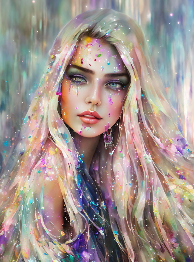 Colorful Galaxy-Inspired Hair Woman Illustration with Glitter Makeup