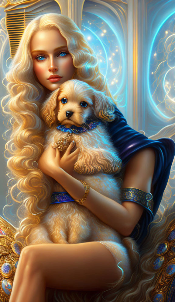 Blonde woman with blue eyes holding golden dog in ornate setting