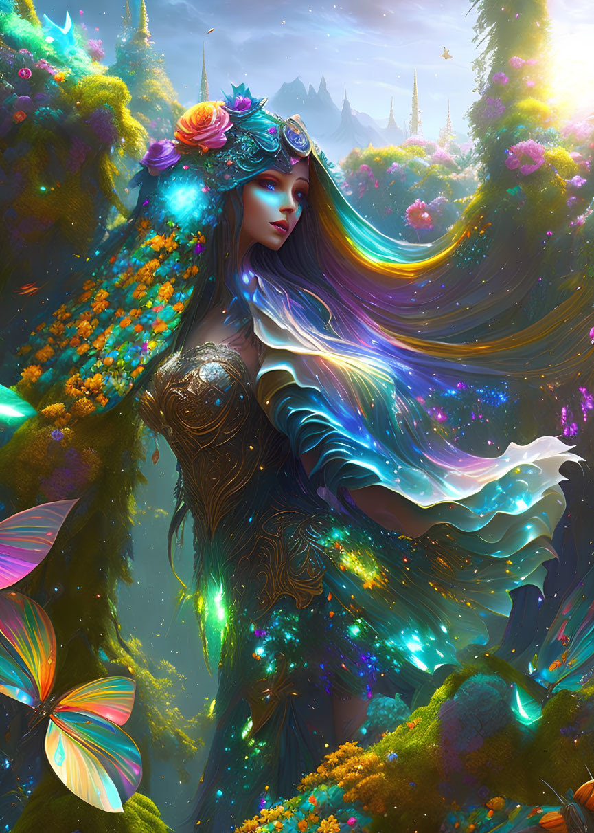 Mystical female figure in vibrant forest with glowing butterflies