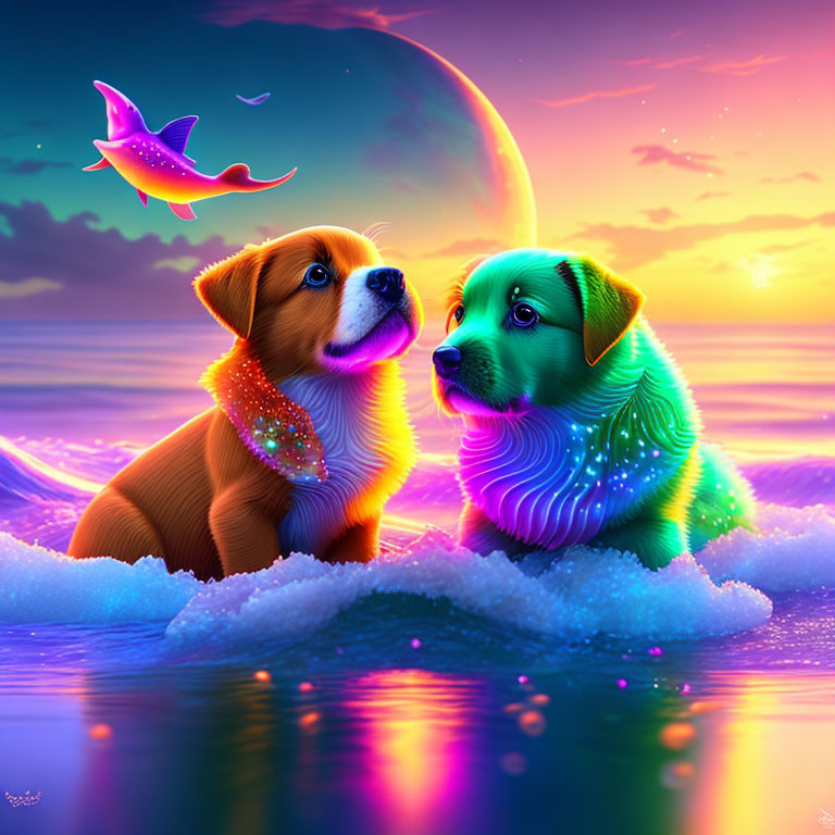 Neon-colored dogs and glowing fish under large moon in surreal seascape