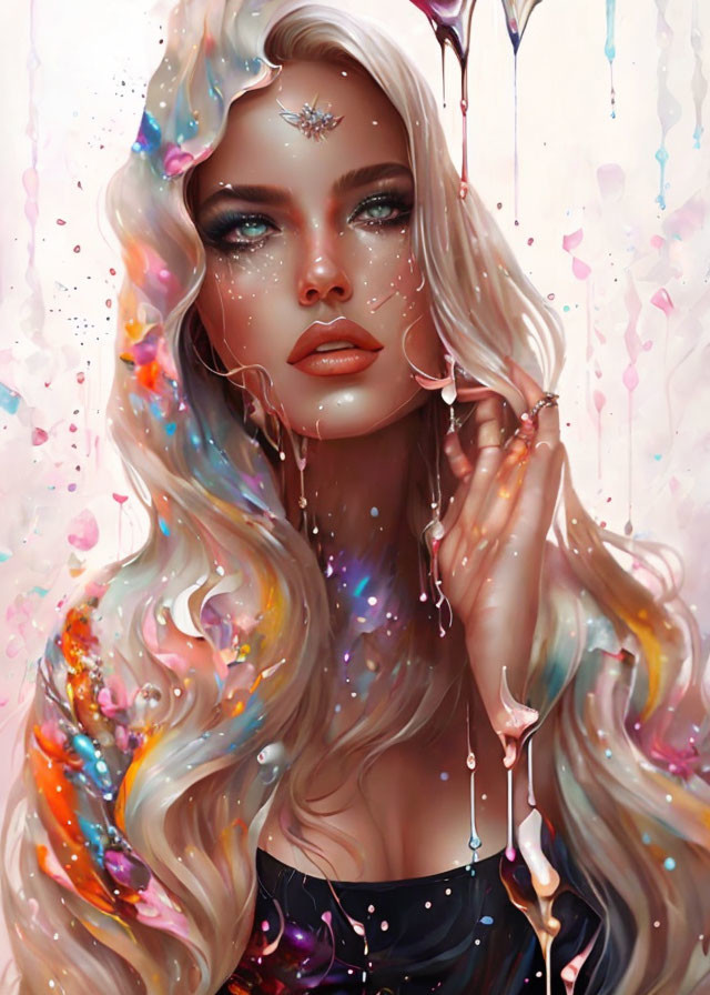 Surreal portrait of a woman with flowing, iridescent colors