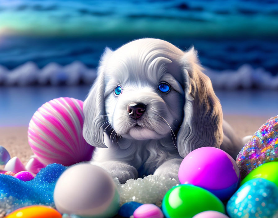 Fluffy Dog with Blue Eyes on Beach with Balls and Seashells