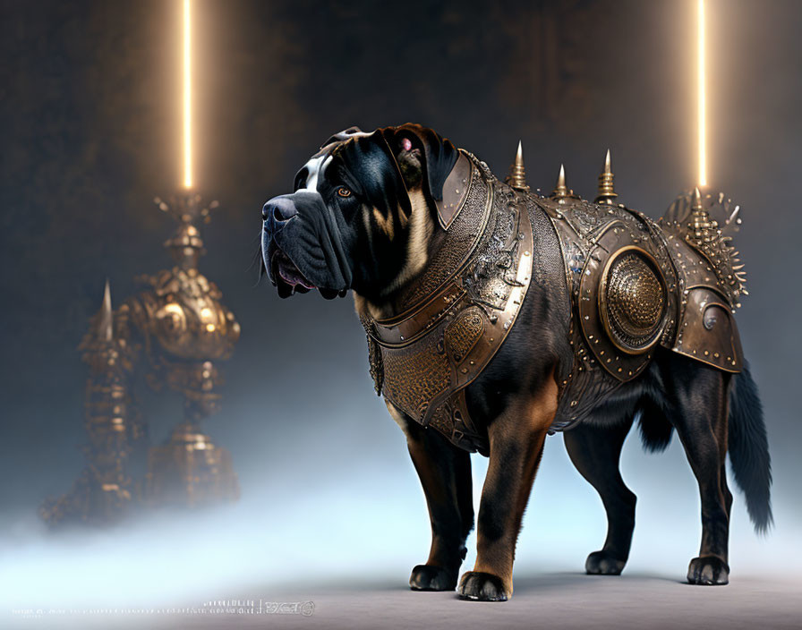 Majestic bulldog in ornate armor under warm backlit ambiance