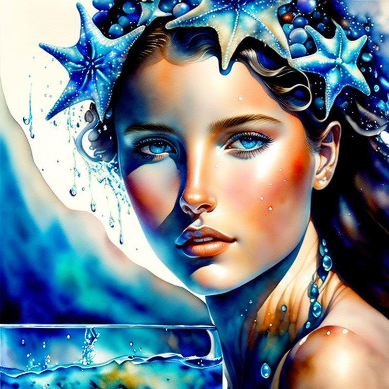 Digital artwork of woman with sea-themed adornments and intense blue eyes.