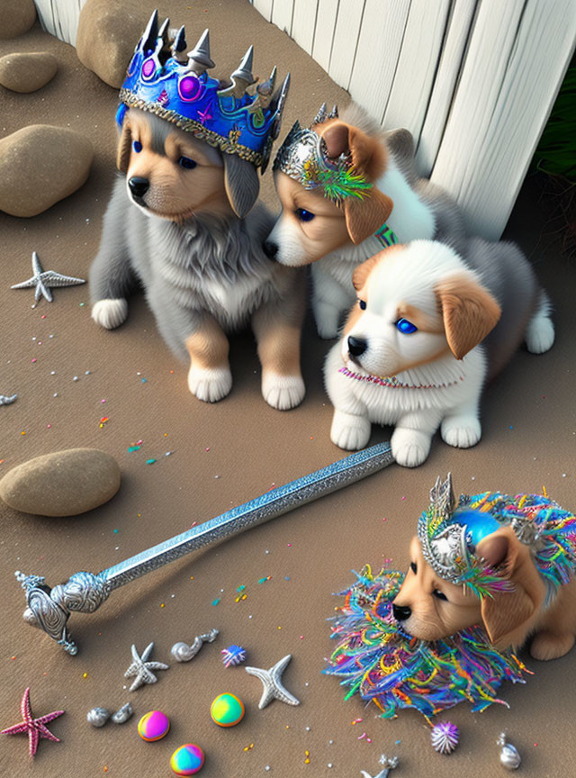 Three animated puppies wearing crowns surrounded by fantasy-themed items on a wooden floor