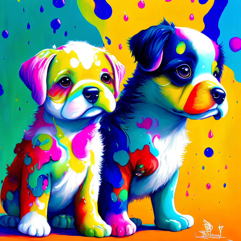 Colorful Painted Puppies on Vibrant Background