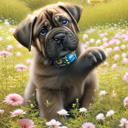 Brown Puppy with Blue Eyes and Colorful Collar in Flower Field