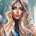 Colorful surreal portrait of woman with flowing multicolored hair and abstract paint drips