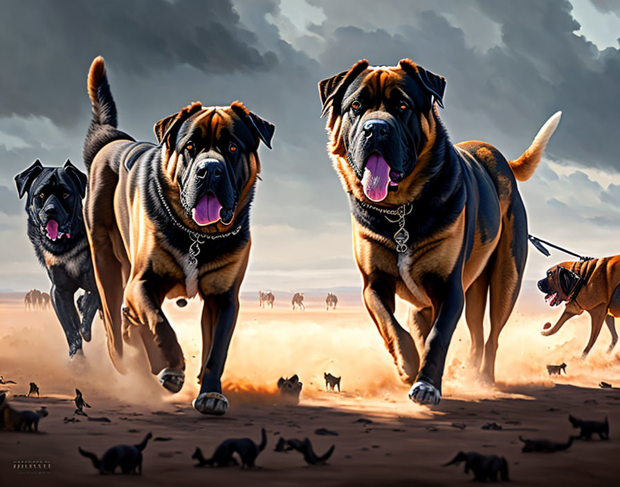 Three large dogs running towards tiny dogs under a dramatic sky