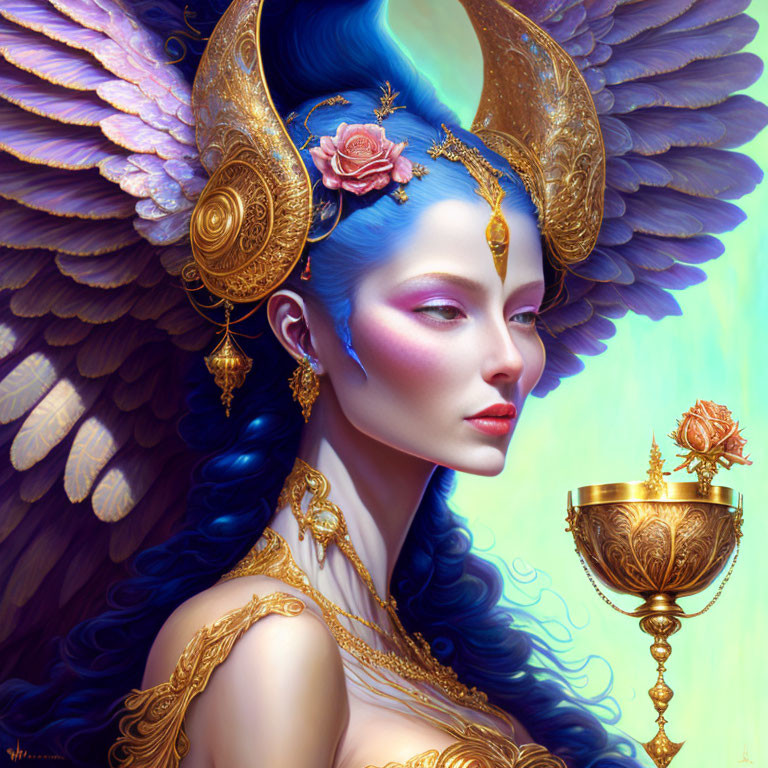 Golden winged headdress and blue-skinned female figure with chalice and ornate gold jewelry