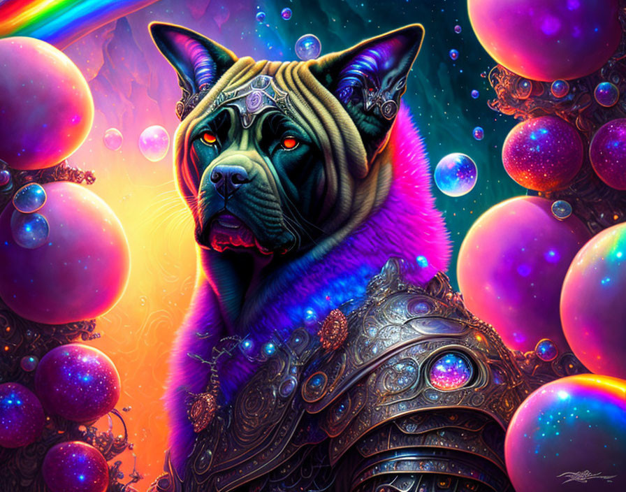 Digital artwork: Armored cat with red eyes in cosmic fantasy scene