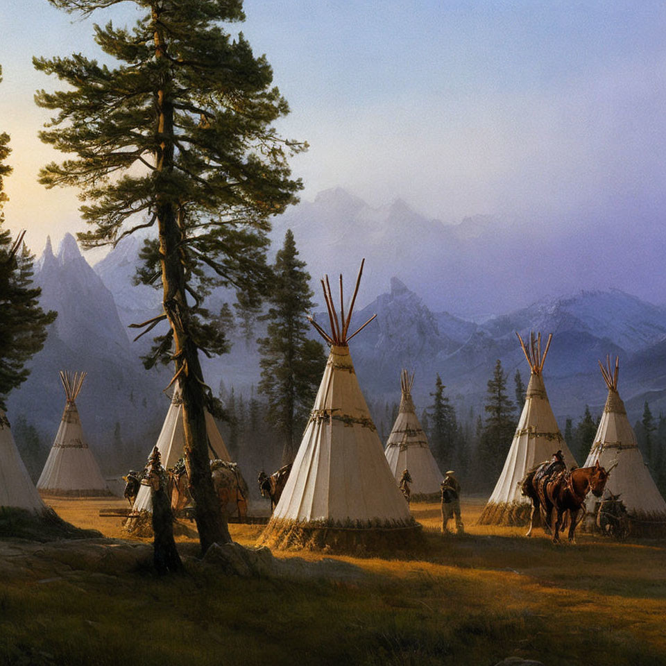 Traditional teepees and people in forest clearing with misty mountains in background