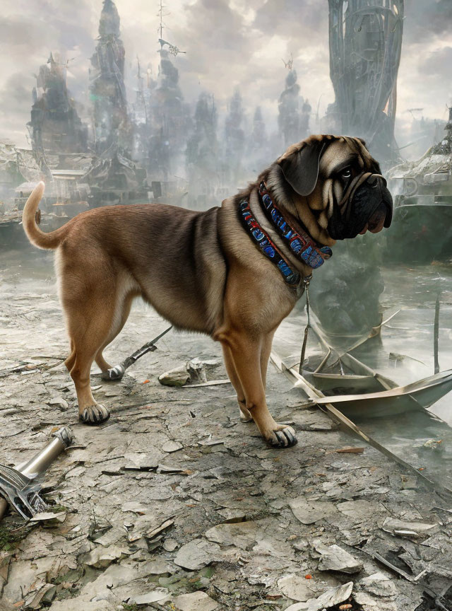 Alert mastiff dog in post-apocalyptic ruins.