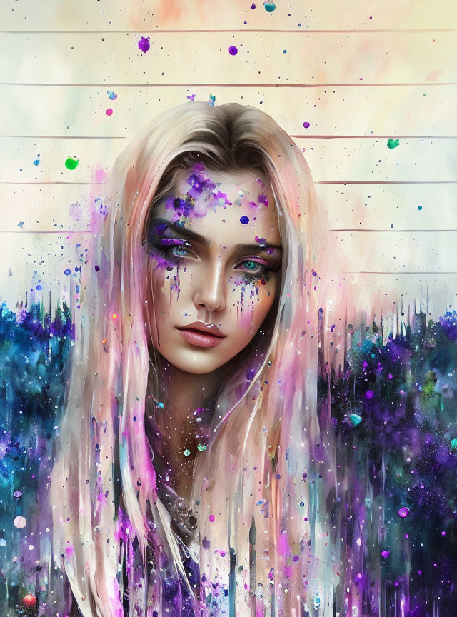 Colorful digital painting of woman with cosmic splatters