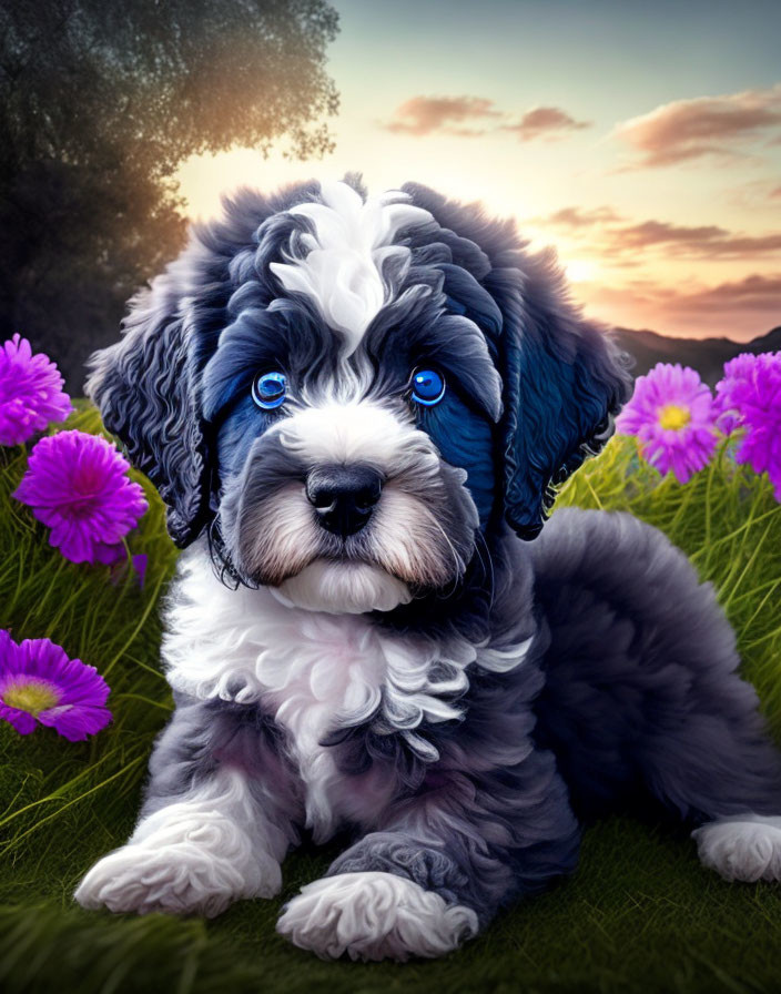 Fluffy Black and White Puppy with Blue Eyes in Flower Field at Sunset