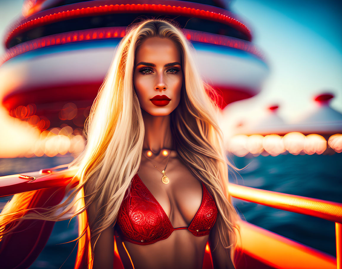 Blonde woman in red bikini top with neon merry-go-round.