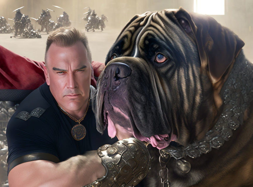 Muscular man in armor with giant mastiff in dramatic battle scene