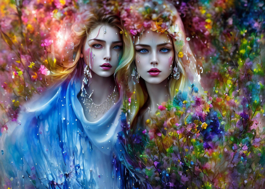 Ethereal women in vibrant flower setting with striking makeup and elegant jewelry