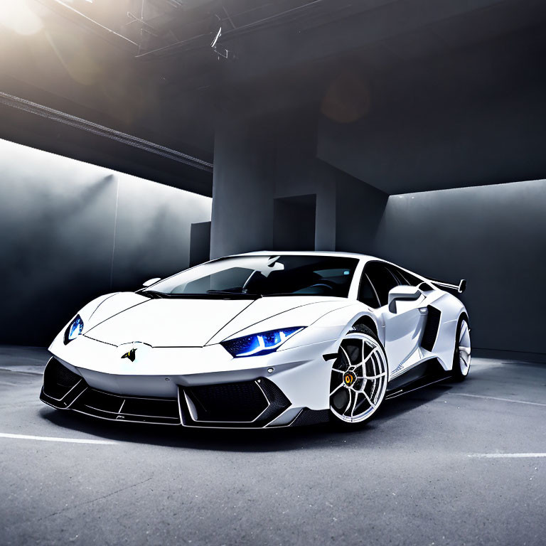 Luxury White Lamborghini Aventador in Dark Studio with Blue LED Headlights