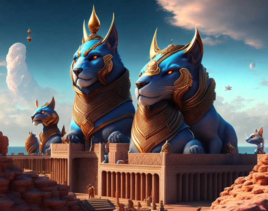 Majestic Blue Lions with Golden Adornments in Fantastical Desert Setting