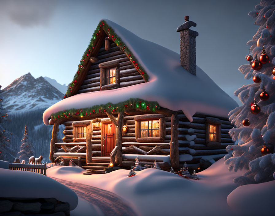 Snowy landscape with cozy Christmas cabin and decorations