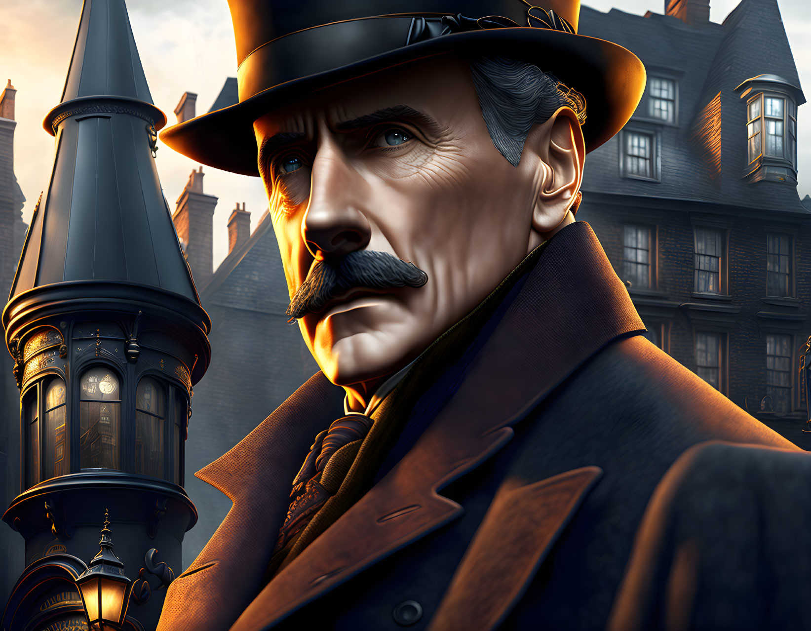 Victorian-style houses at twilight with a distinguished gentleman in top hat and mustache