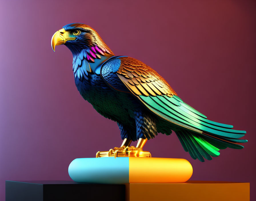 Colorful Stylized Eagle Perched on Cylindrical Shapes Against Dual-tone Background