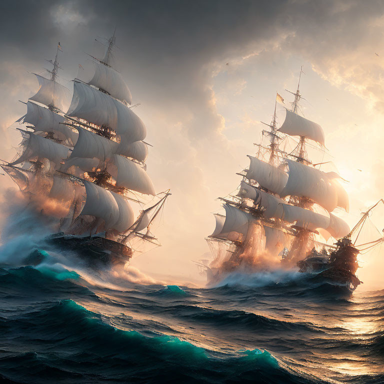 Majestic tall ships with full sails in turbulent seas at sunset