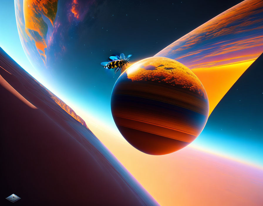 Colorful digital artwork: Bee in space with surreal planets