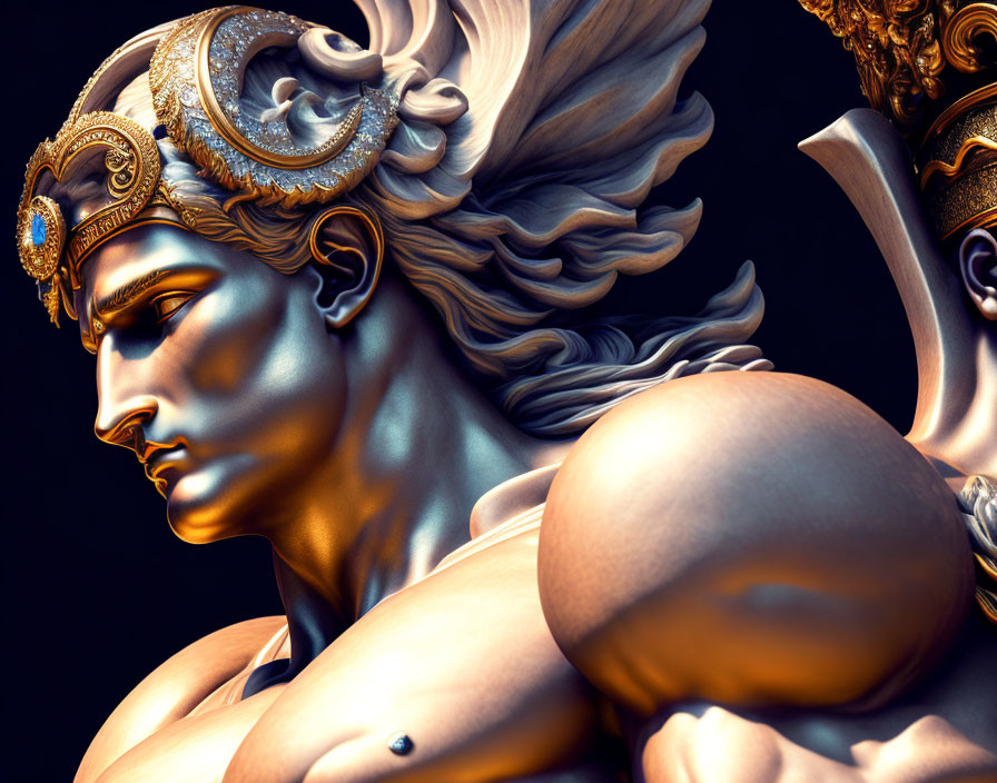 Classical male sculpture with golden headgear in 3D render