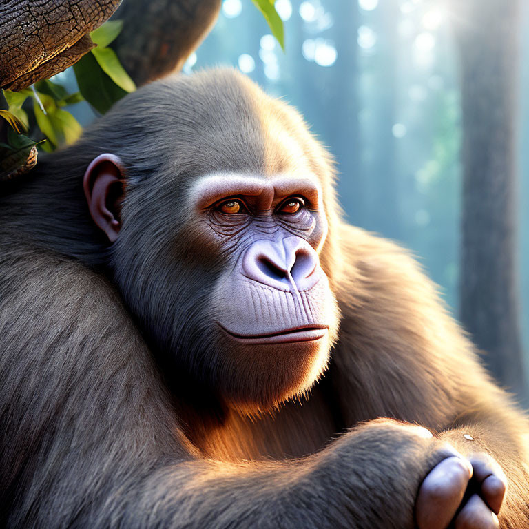 Piercing-eyed gorilla in sunlit forest landscape