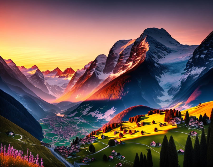 Scenic sunset over mountain village with vibrant blooms and snow-capped peaks