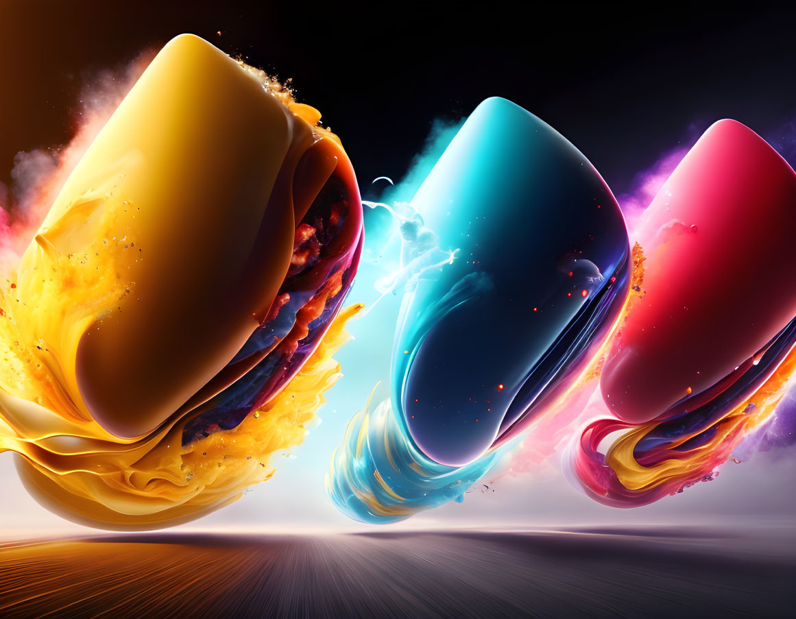 Colorful liquid splashes around three cups in motion on dark background