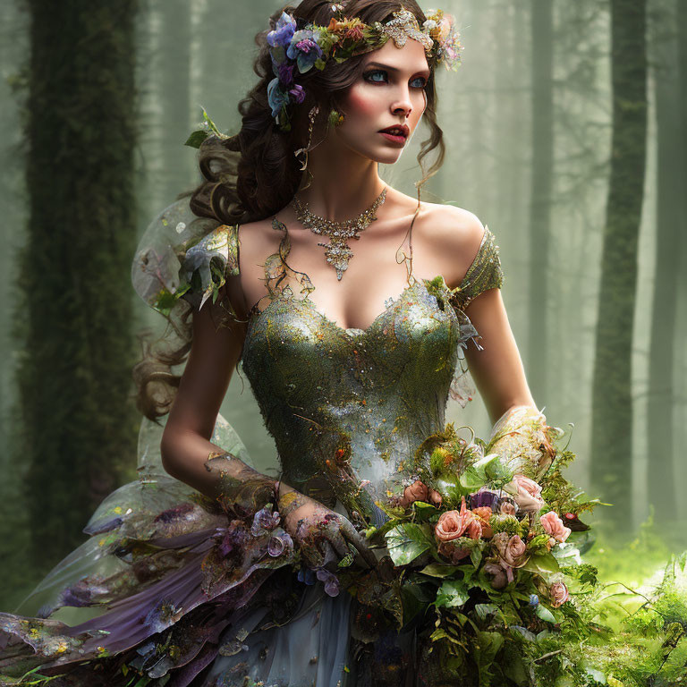 Woman in Floral Fairy Costume Poses in Misty Forest