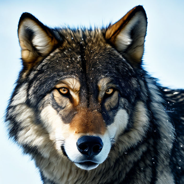 Detailed close-up of a wolf with amber eyes and intricate fur pattern on blue backdrop