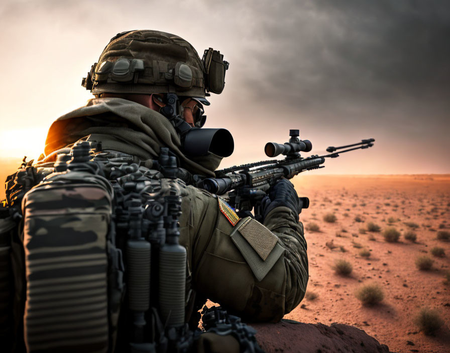 Camouflaged soldier aiming sniper rifle in desert at dusk