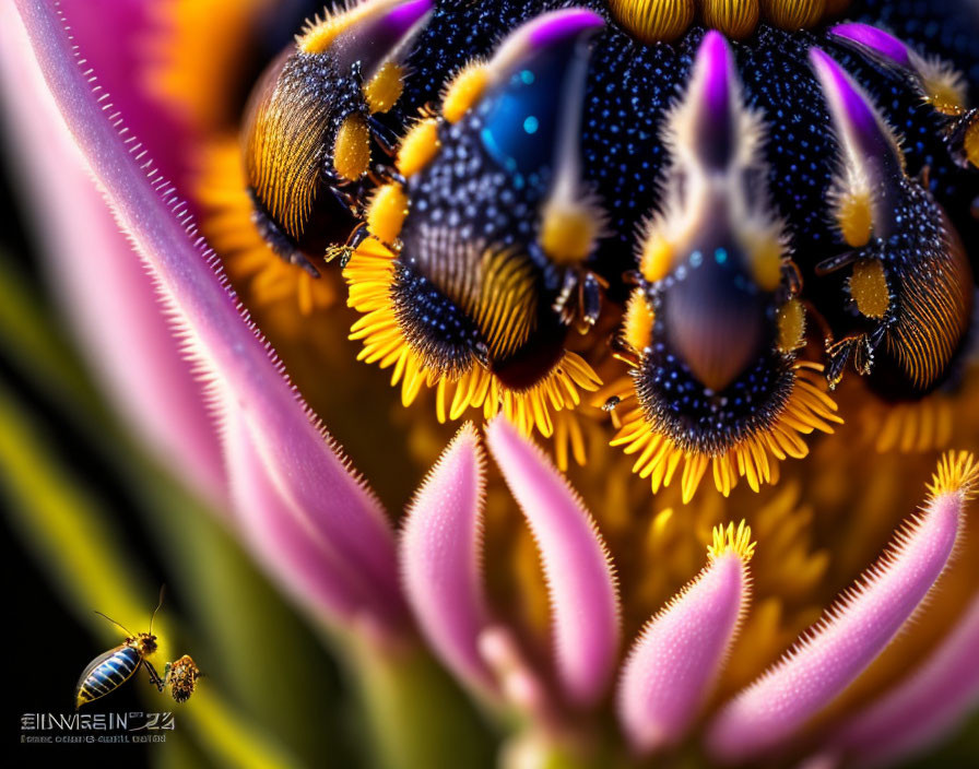 Detailed close-up: Vibrant dew-covered flower with intricate purple patterns and small insect.